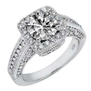 14k White Gold Round Diamond Vintage Engagement Ring Millgrain Edge (2 