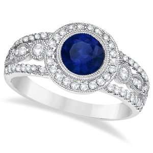  Vintage Blue Sapphire and Diamond Ring 14k White Gold (1 
