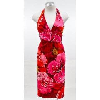 Donna Ricco Begonia Red Floral Print Halter V Neck Dress