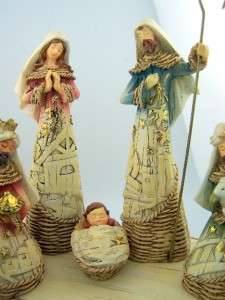 Piece Nativity Scene Set Wicker Gold Leaf Figures Holy Family & 3 