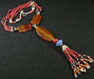   Black Onyx Lapis Lazuli 5 strand Tribal Design Necklace 20 6 Pendant