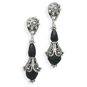   Black Onyx Vintage Look Dangle Post Earrings Sterling Silver Jewelry