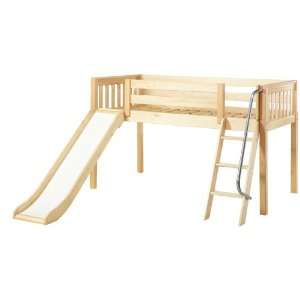   Low Loft LowLow Slat Bed with Angle Ladder and Slide in Natural WOWNS