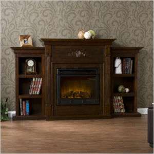 DARK BROWN ELECTRIC FIREPLACE w/ BOOKSHELVES & REMOTE  