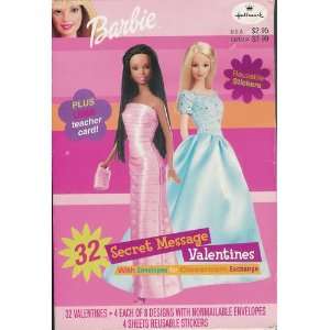 Barbie 32 Secret Message Valentines plus large teacher Card & Stickers 