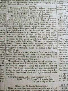Best 1836 newspaper SIEGE ofThe ALAMO BEGINS Texas Revolution TRAVIS 