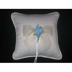   White Calla Lily Ring Pillow with Blue Calla Lilies 