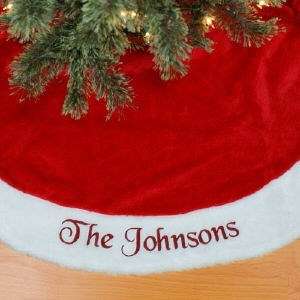   Red Plush Embroidered Christmas Tree Skirt Family Holiday Gift  