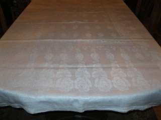 VINTAGE WHITE LINEN DAMASK HEM STITCHED TABLECLOTH 86 X 57  