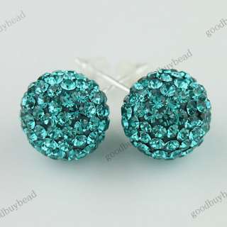 AUTHENTIC TURQUOISE CZECH CRYSTAL DISCO BALL 925 SILVER STUD EARRINGS 
