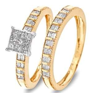 , Baguette Cut Diamond Wedding Band Set 10K Yellow Gold   Two Rings 