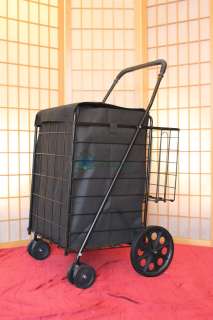   Folding Shopping Cart BLK Liner Swivel Rotating Wheels Extra Basket