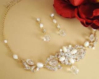 Gold or Silver Crystal & Pearl Necklace & Earring Set  