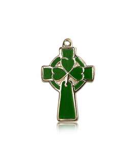 14k Gold Green Enameled Shamrock Celtic Cross Pendant  