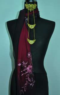   Embroidered XL Silk Square Scarf Shawl Hijab Floral Maroon Black
