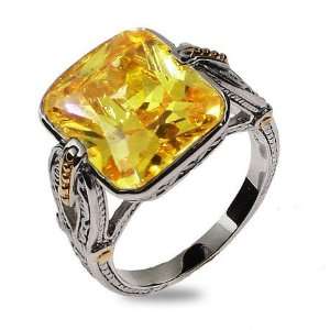 Emerald Cut Canary CZ Intricate Design Sterling Silver Ring Size 6 