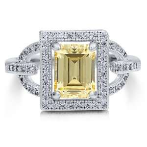  Sterling Silver 925 Emerald Cut Canary Cubic Zirconia CZ Halo Ring 