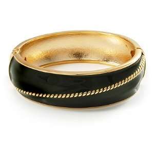  Olive Green Enamel Diagonal Hinged Bangle Bracelet (Gold 