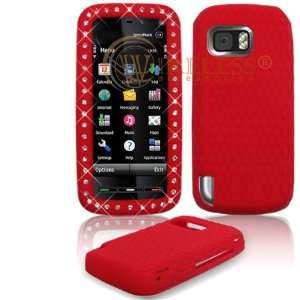  Solid Red with White Diamonds Silicone Skin Cover Case 