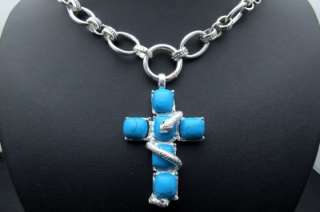 SILVER LARGE SNAKE Turquoise CROSS PENDANT CHARM TOGGLE NECKLACE 