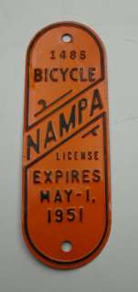 This is a great 1951 Nampa Bicycle License Plate. Measures 6 1/2 x 21 