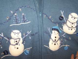 Dress Barn Womans Size Small ( 4 6) Embellished Blue Snowman Christmas 
