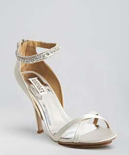 Badgley Mischka white satin Decadent jeweled ankle sandals