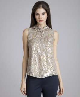 Elie Tahari gold metallic embroidered chiffon sleeveless blouse