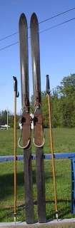 VINTAGE Wooden Skis 77 Long + Bamboo Poles ANTIQUE  