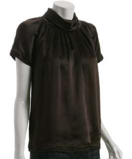 BCBGMAXAZRIA dark plum hammered silk turtleneck blouse   up to 
