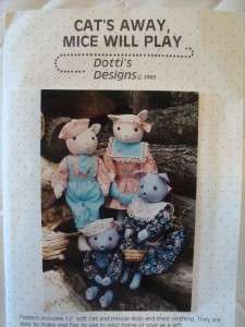 DOTTIES DESIGNS #1067 CAT & MOUSE DOLLS 12 EASY SEW  