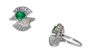 Estate Platinum Ladies Diamond Emerald Bypass Ring 1960 