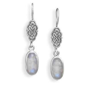   Moonstone Earrings Leaf Design Antiqued Sterling Silver Drop Jewelry
