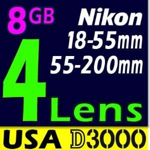  Nikon D3000 Package Deal with 4 Lenses 8GB Case Tripod 