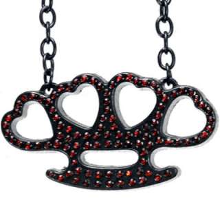 Red and Black Rhinestone Hearts Brass Knuckles Necklace  