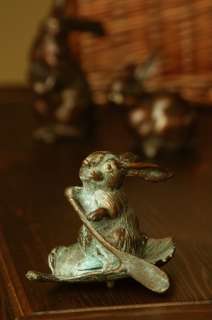 Bronze Verde Green Rowing Bunny Rabbit on Leaf Paperweight Statue 
