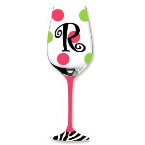    Pink/Green Polka Dot/Zebra Wine Monogram Glass R