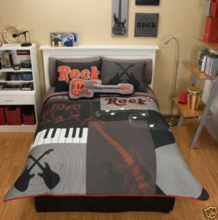 Boys Teens Grey Red Guitar Comforter Bedding Set Twin 7  