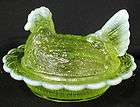 Mosser Vaseline Opalescent Glass Covered Chicken on Wide Rim Candy Box