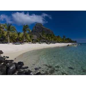 Sun Loungers on Beach and Mont Brabant (Le Morne Brabant), Mauritius 